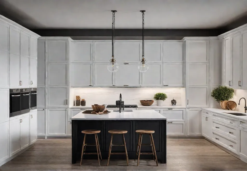 A bright modern kitchen island with white shaker cabinets The cabinet doorsfeat