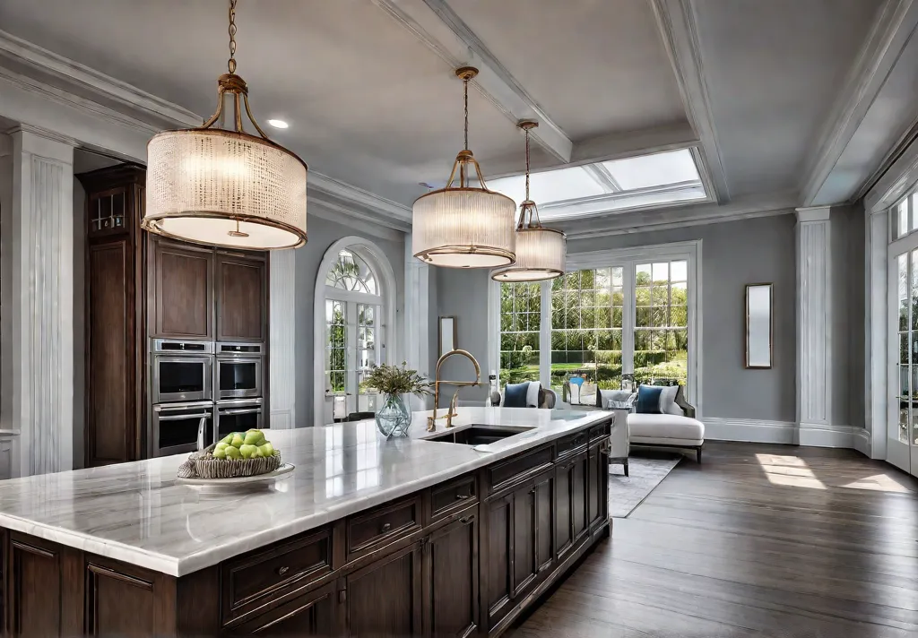 A bright spacious kitchen featuring a large island with classic wood cabinetsfeat