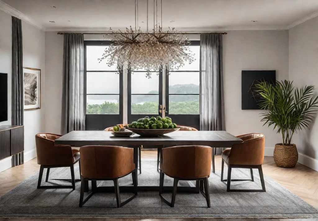 A contemporary dining room with a gallery wall featuring a mix offeat