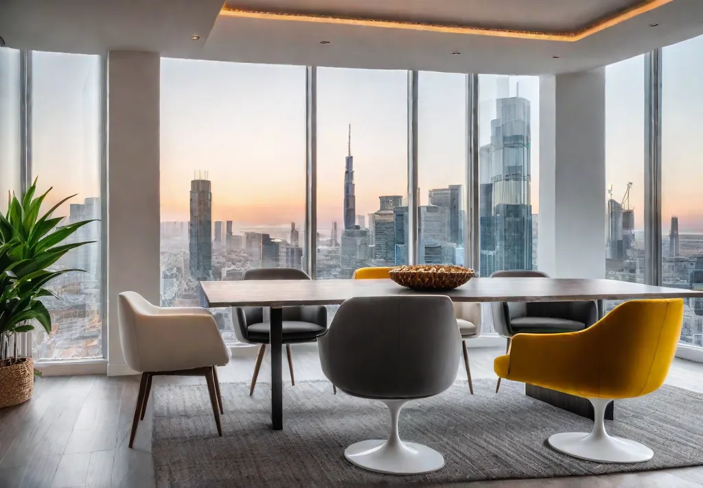 A modern dining room with clean lines minimalist furniture and large windowsfeat