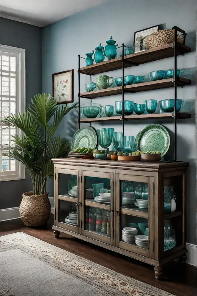 Combining different storage solutions creates a unique and personalized dining space