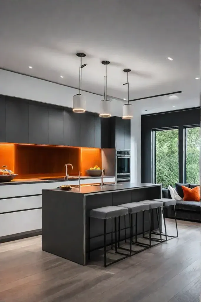 Contemporary kitchen island with gray cabinets and waterfall countertop