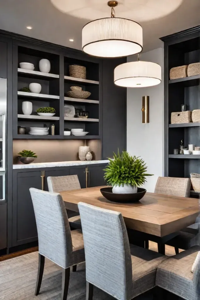 Dining room storage solutions styled with woven baskets and decorative boxes for a cohesive look