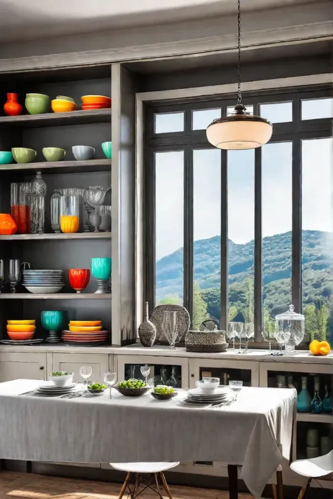 Eclectic dining room with a mix of vintage buffet table and open shelving displaying colorful collections