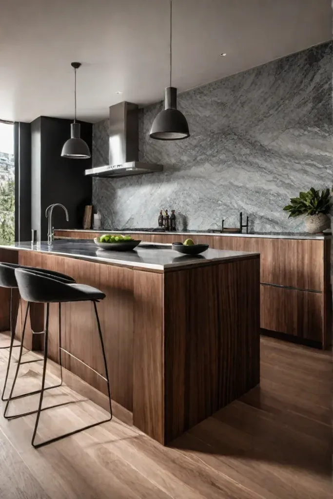 Eclectic kitchen island with mixed materials including wood stainless steel and stone