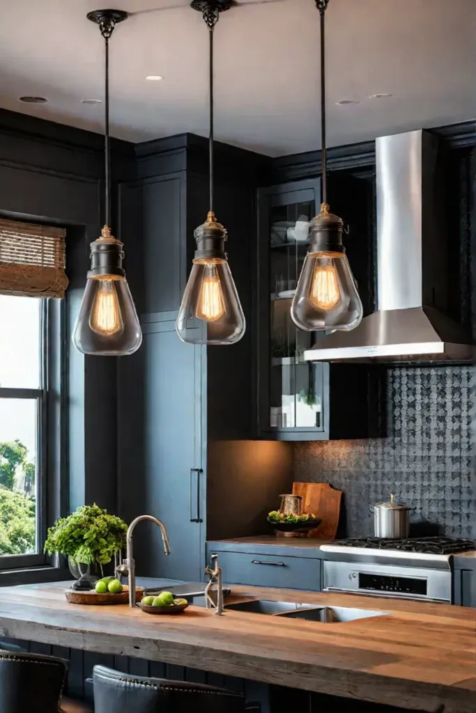 Kitchen island with concrete countertops and Edison bulb lighting