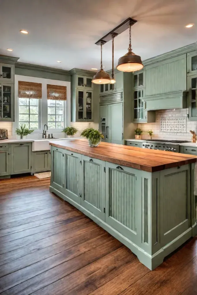 Kitchen island with vintage hardware and beadboard backsplash