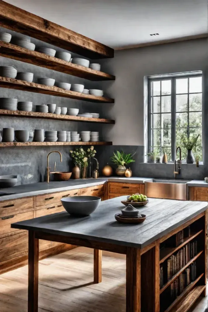 Reclaimed wood kitchen island with open storage and rustic charm