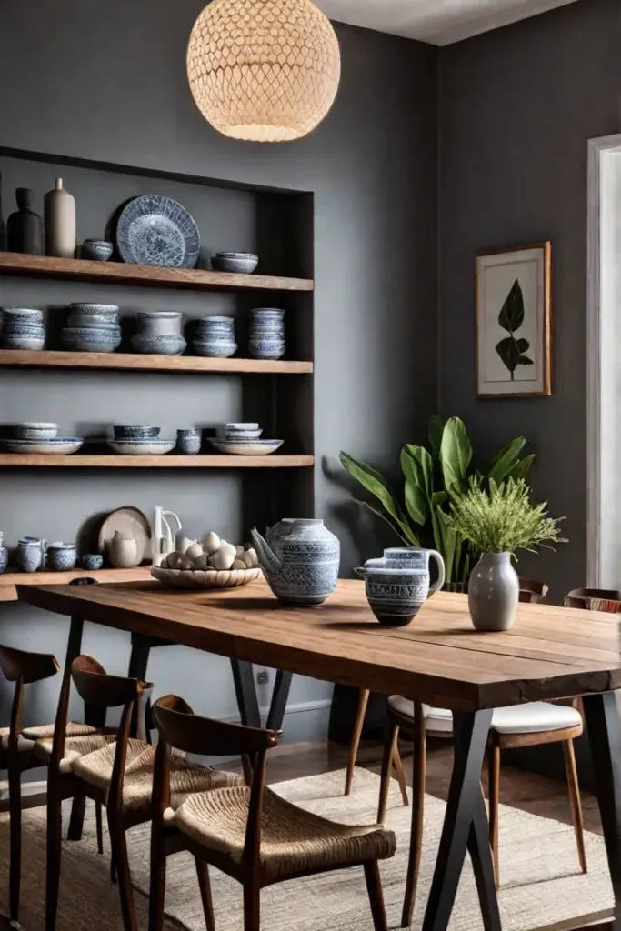 Rustic dining room with farmhouse table and open shelving