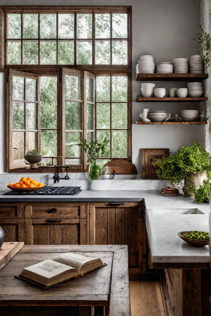 Rustic kitchen island with open shelving displaying cookbooks and pottery