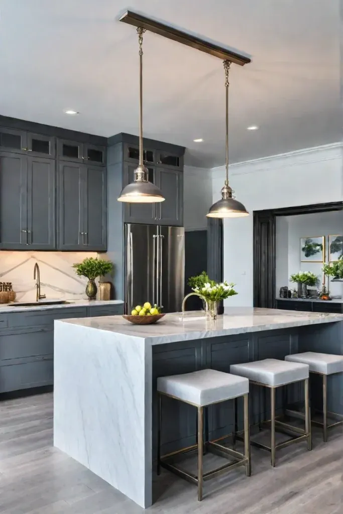 Shaker style kitchen island with marble countertops and bar stools