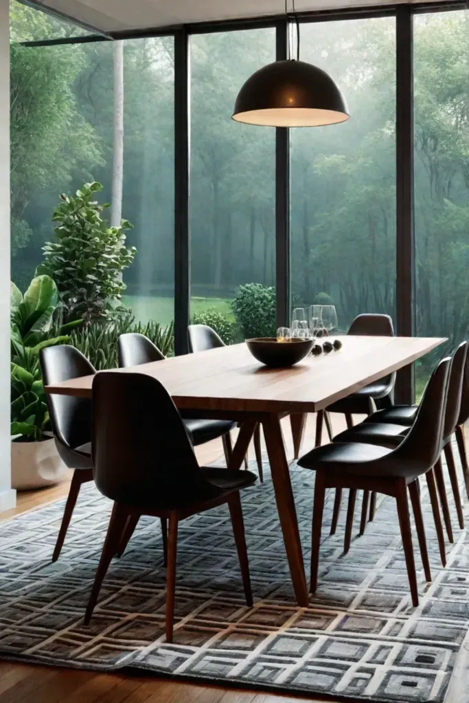 Stylish dining space with geometric patterns and natural light