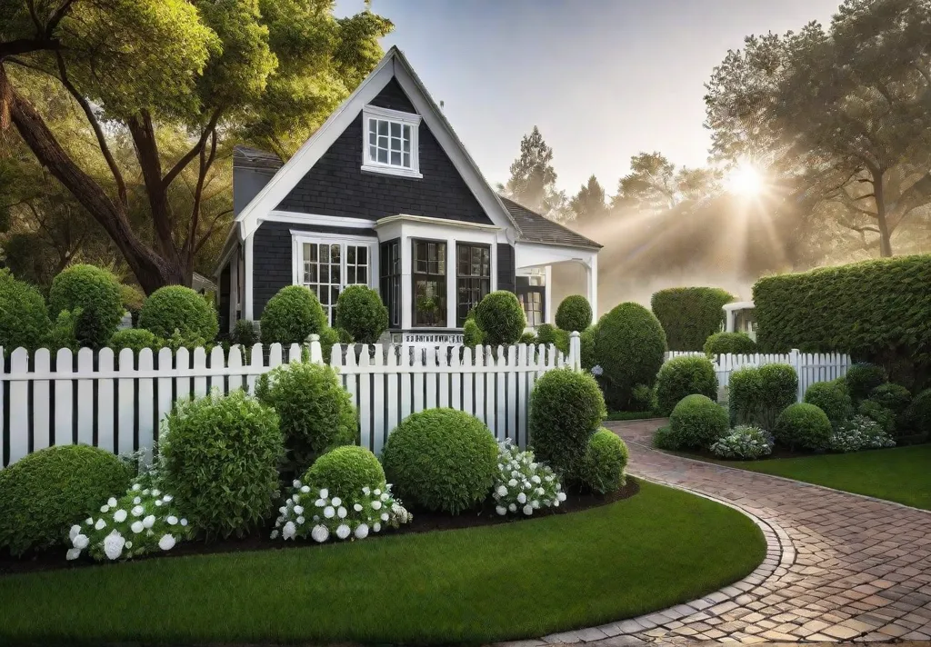 A charming backyard retreat with a white picket fence enclosing a lushfeat