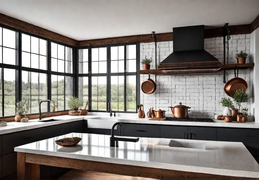 A cozy farmhouse kitchen featuring a backsplash with rustic wooden beams andfeat