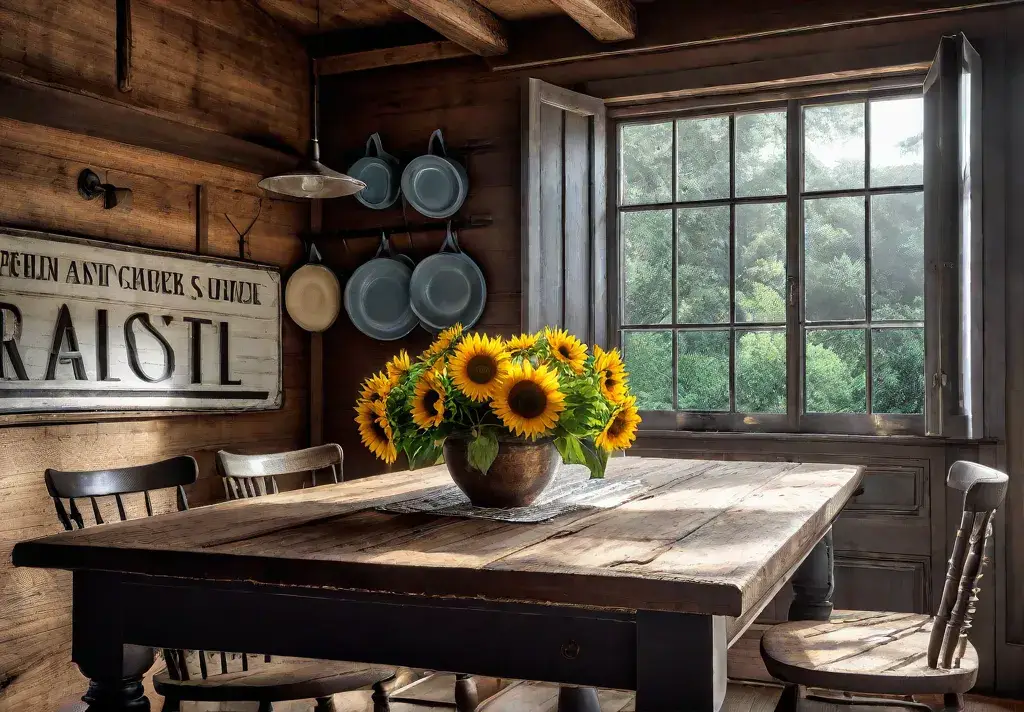 A cozy farmhouse kitchen with exposed wooden beams a vintage enamelware pitcherfeat