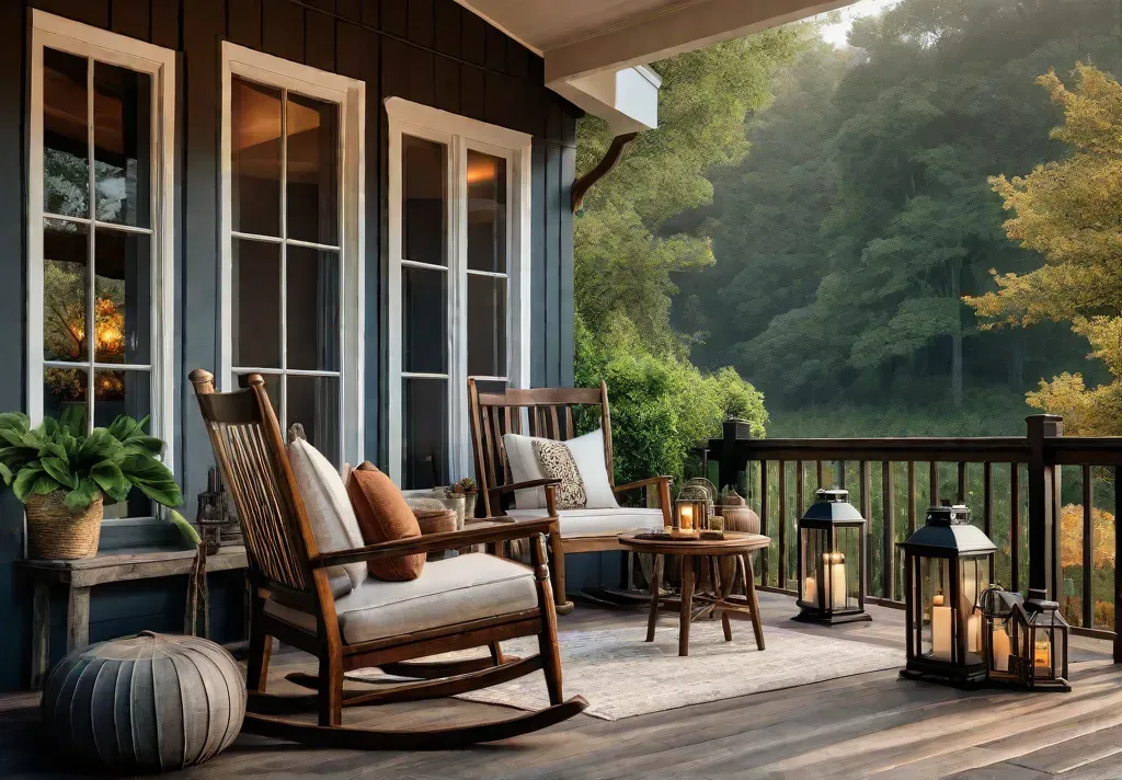 A cozy farmhouse porch with vintage rocking chairs a repurposed wooden tablefeat