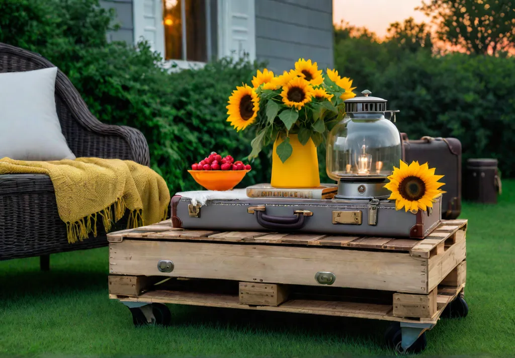 A cozy porch with a pallet coffee table adorned with a vasefeat