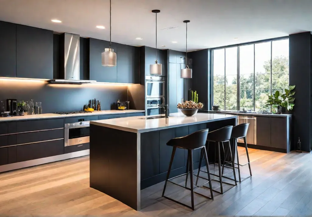 A modern kitchen bathed in warm inviting light with pendant lights overfeat