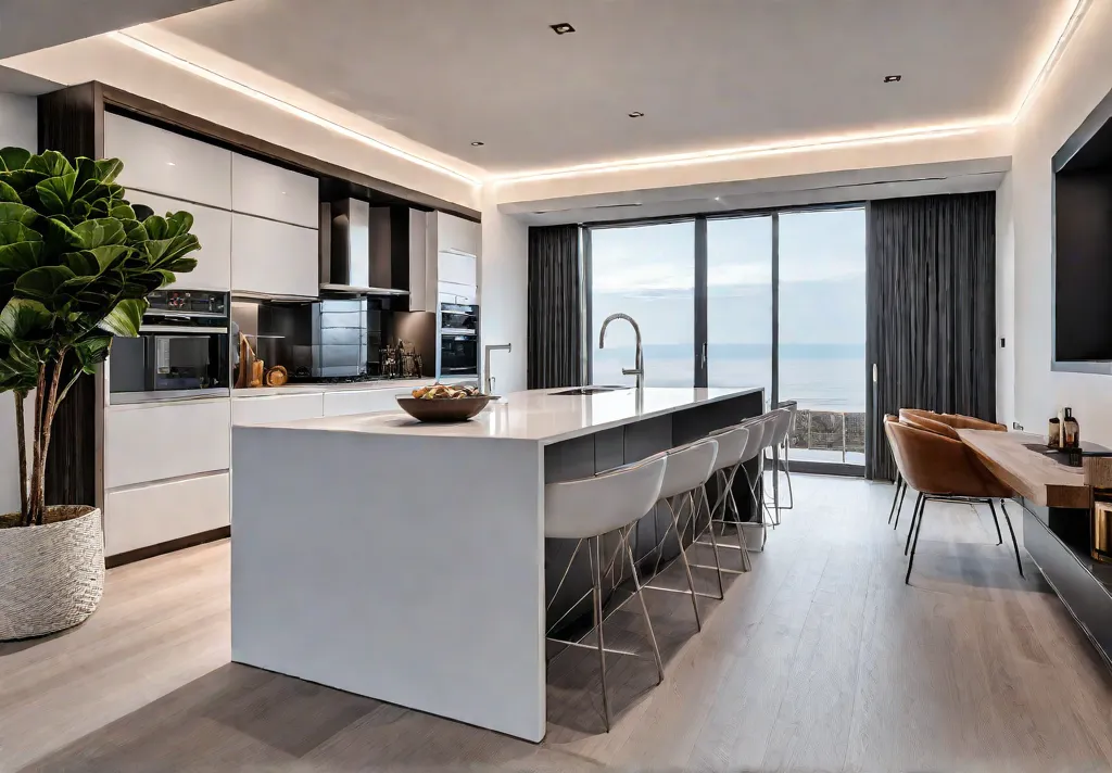 A modern kitchen bathed in warm light from recessed ceiling panels andfeat