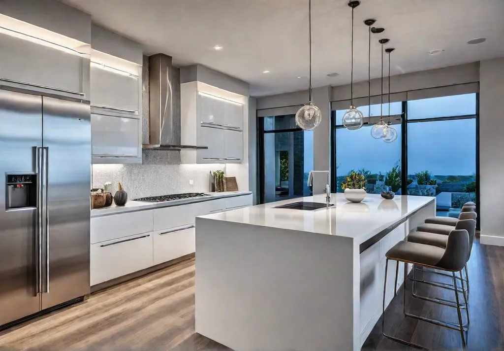 A modern kitchen with sleek white cabinets and stainless steel appliances illuminatedfeat