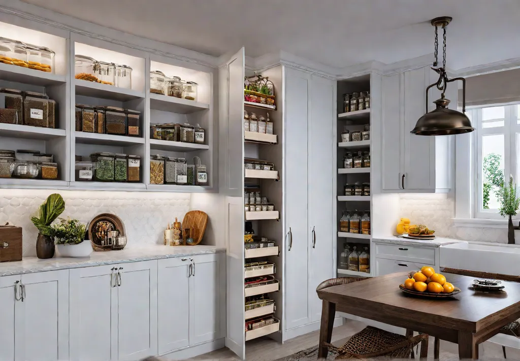 A small bright kitchen featuring white shaker cabinets with a pullout pantryfeat