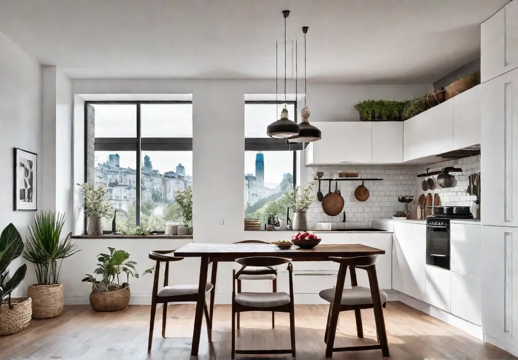 A small bright kitchen filled with natural light Open shelving displays neatlyfeat