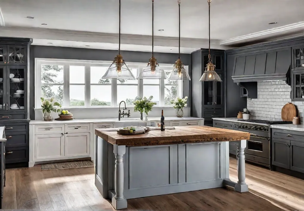 A welcoming farmhouse kitchen island crafted from reclaimed wood featuring distressed finishesfeat