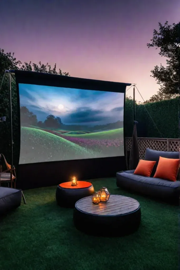 Backyard cinema with string lights