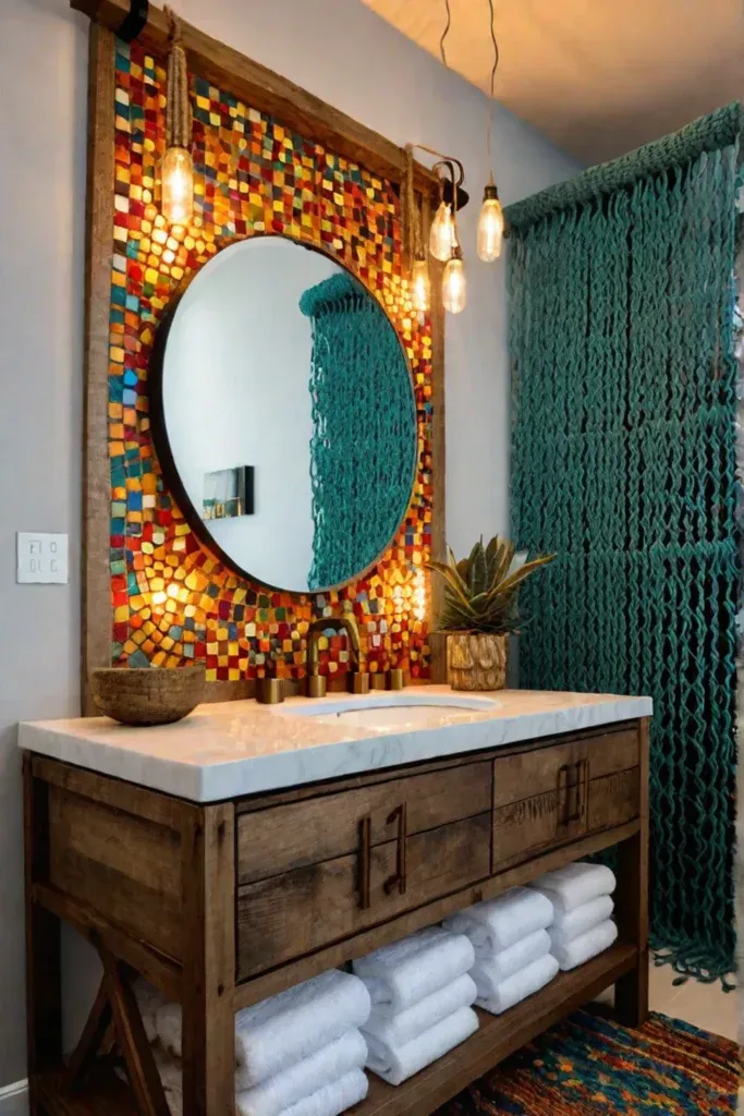 Bohemian bathroom vanity with LED string lights