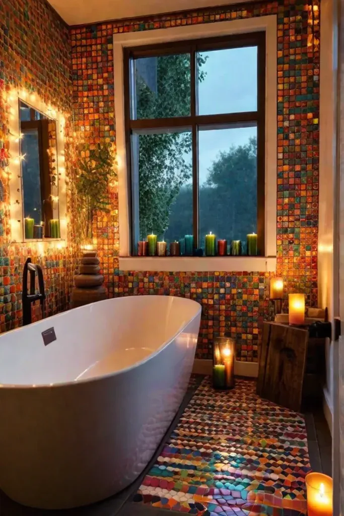 Bohemian bathroom with colorful tiles string lights candles and a freestanding bathtub