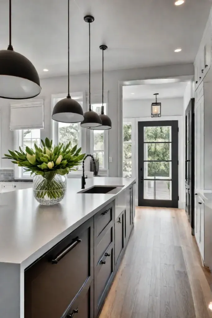 Bright kitchen with open shelving and natural wood flooring