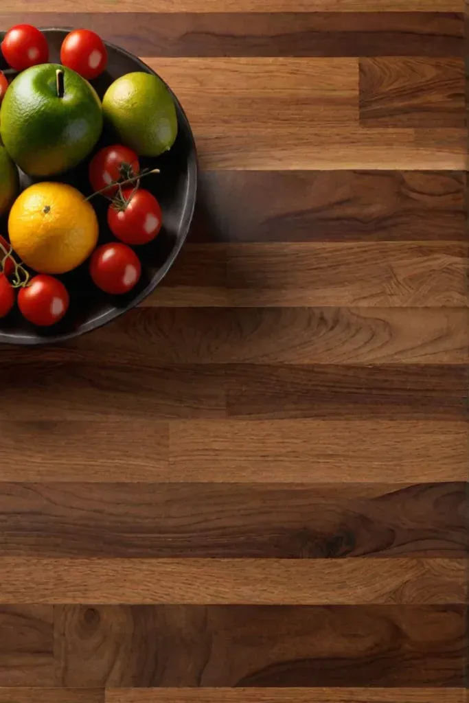 Butcher block countertop with warm wood tones and visible grain
