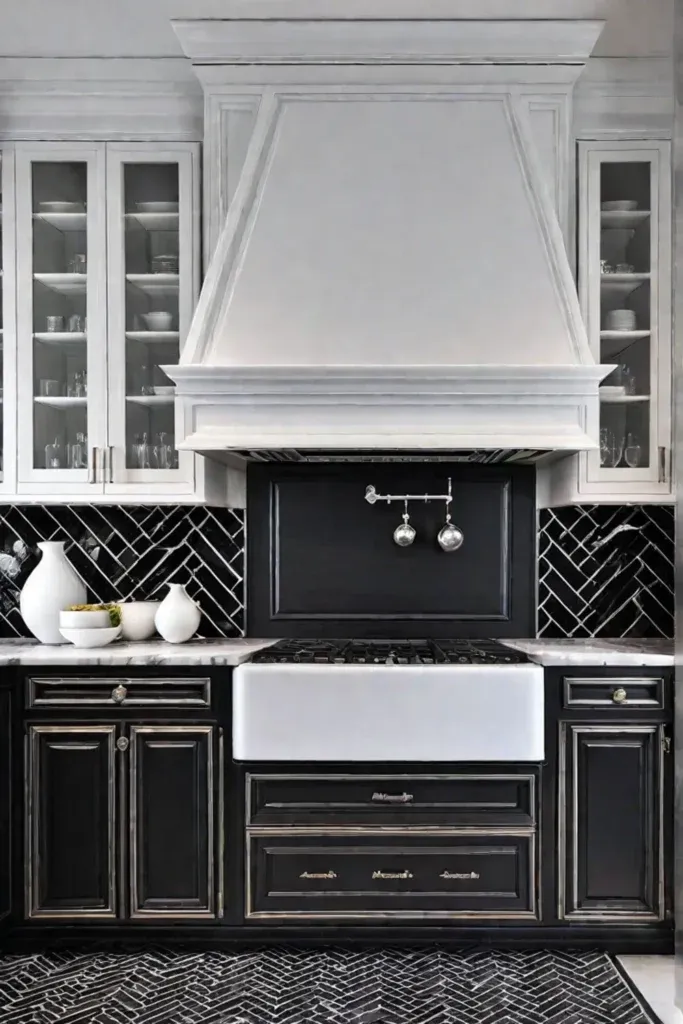 Classic kitchen with marble herringbone backsplash