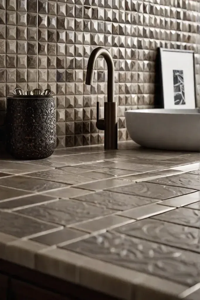 Closeup view of intricate tile work and craftsmanship on a countertop