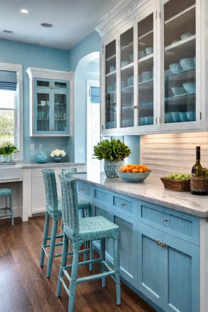 Coastal kitchen with beadboard cabinets and frosted glass panels
