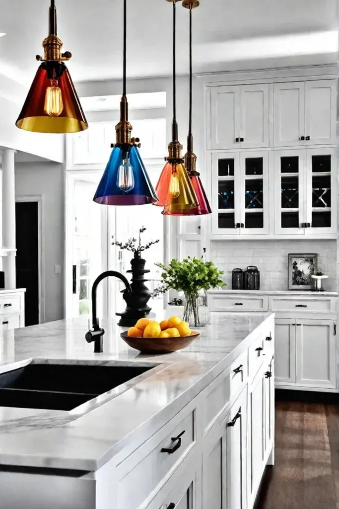 Colorful glass pendant lights in a vibrant kitchen