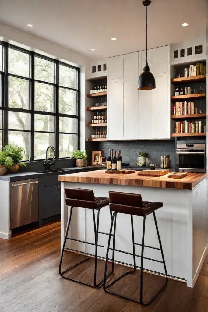 Compact kitchen island with butcher block countertops