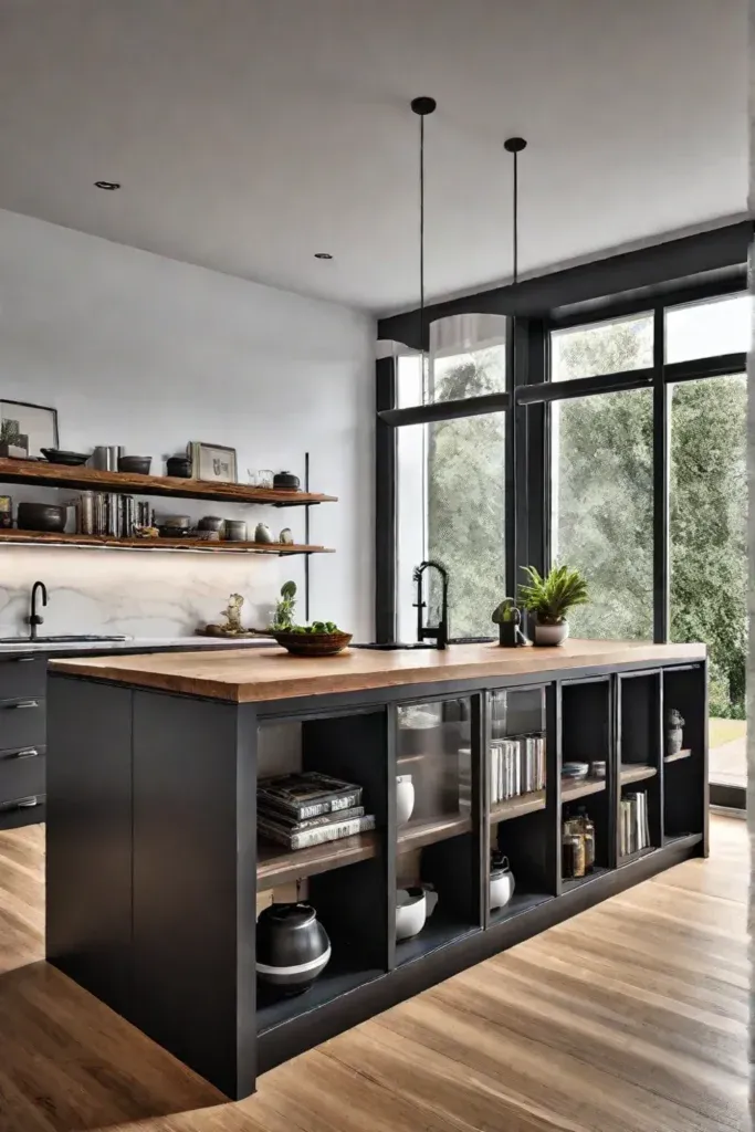 Cookbooks and decorative items displayed on island shelves