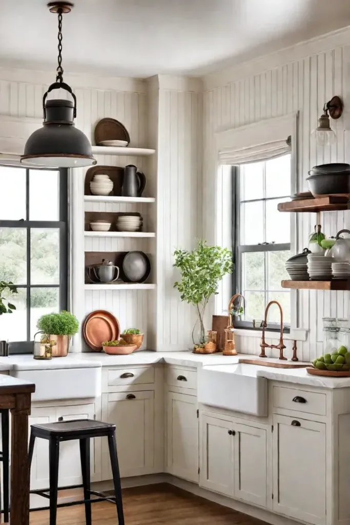 Cottage kitchen with beadboard cabinets and butcher block countertops