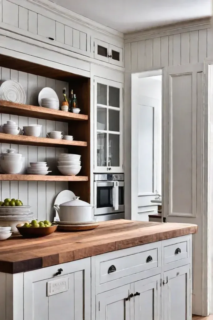 Cozy kitchen design with vintage crockery and copper cookware