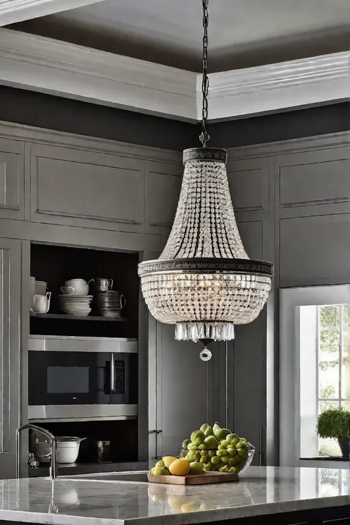 Crystal chandelier above kitchen island