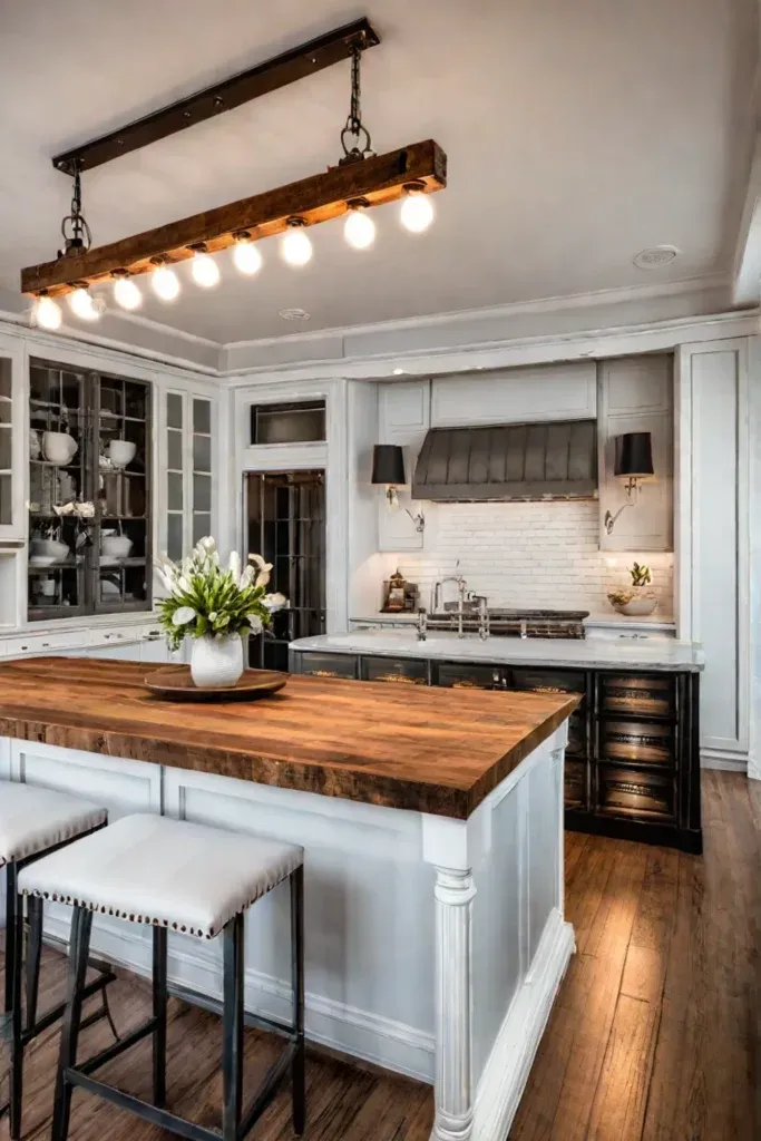 Distressed wood countertop vintage metal stools