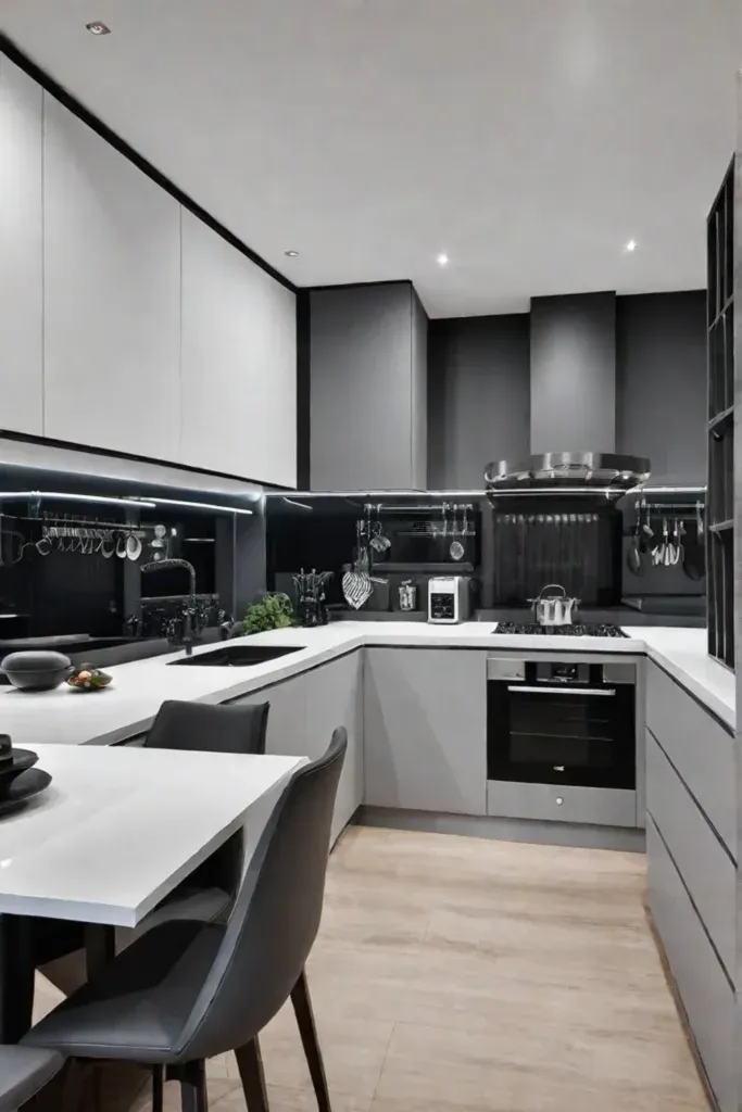 Efficient kitchen design with mixed storage solutions and round dining table