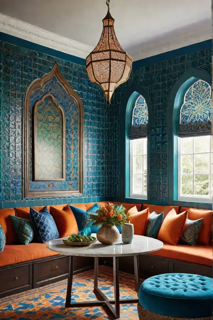 Exotic dining room with patterned wallpaper and low seating