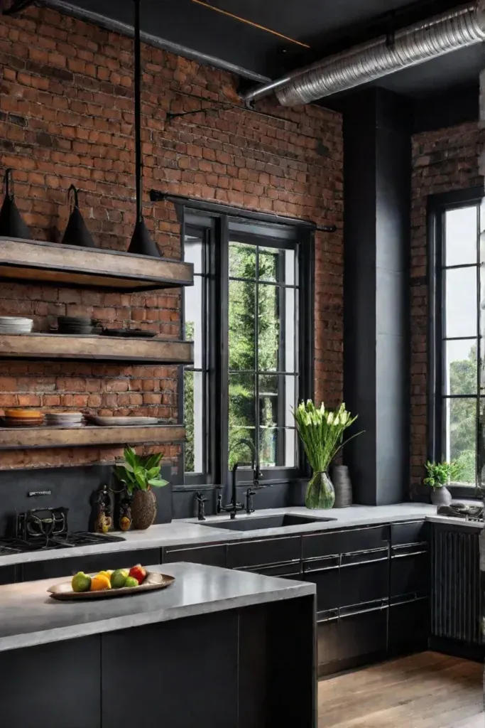 Industrial kitchen with concrete backsplash