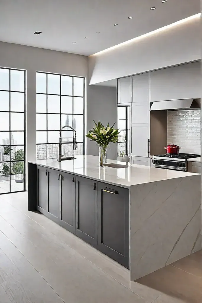 Neutral quartz countertop in a modern kitchen setting
