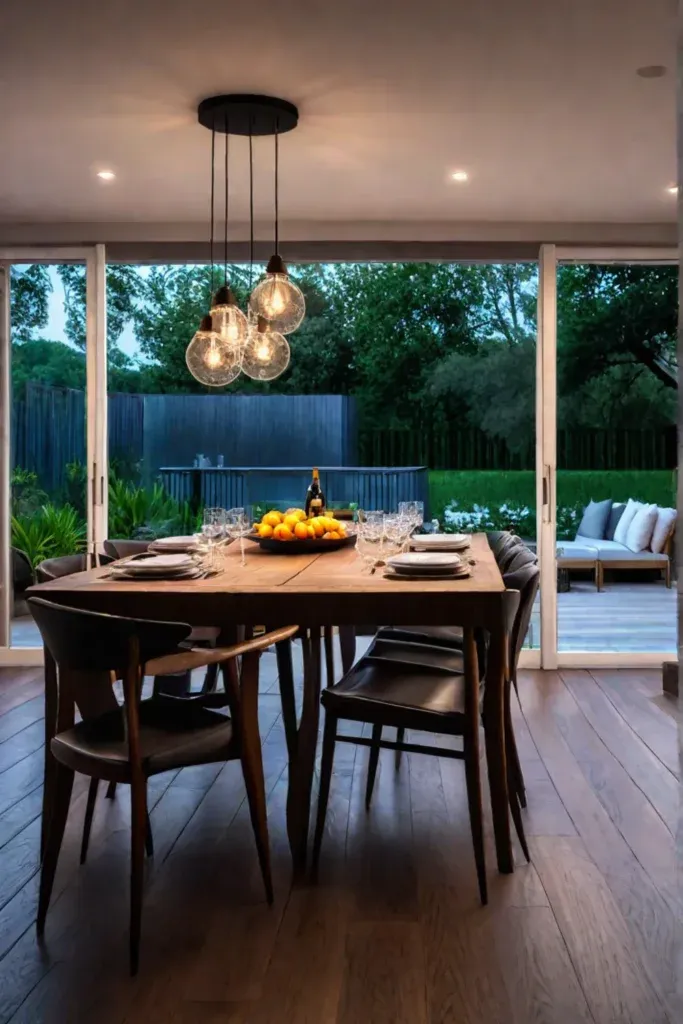 Patio with solarpowered string lights and a dining area