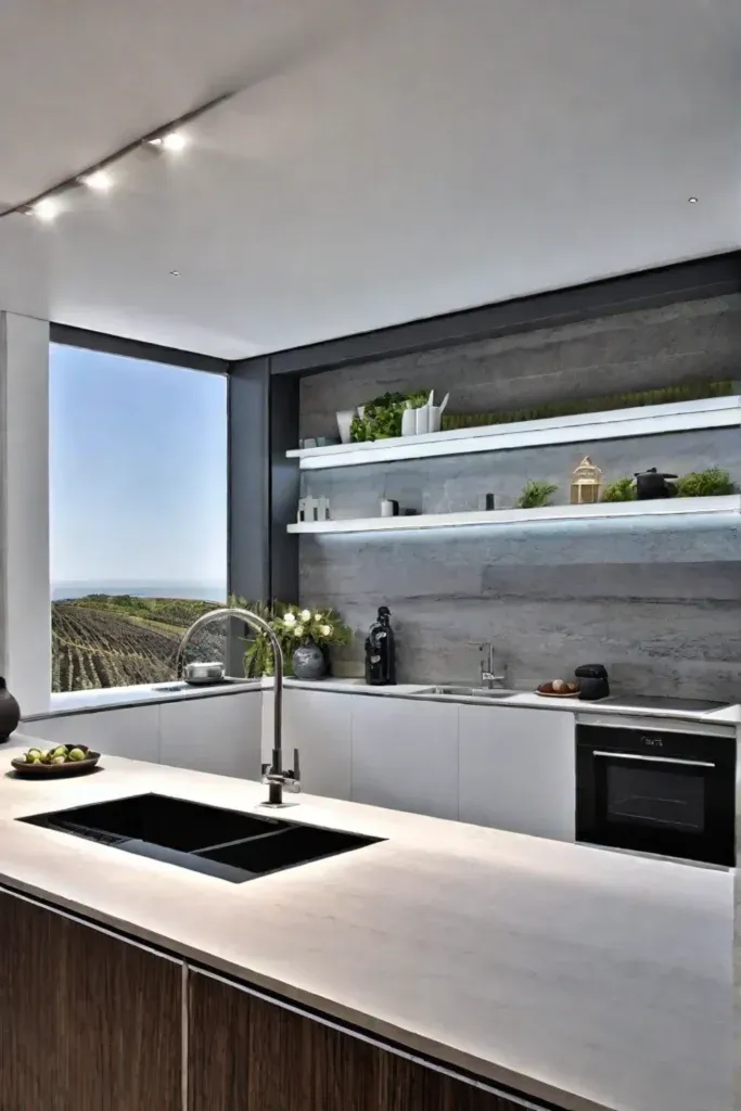 Polished stone backsplash reflecting undercabinet lighting