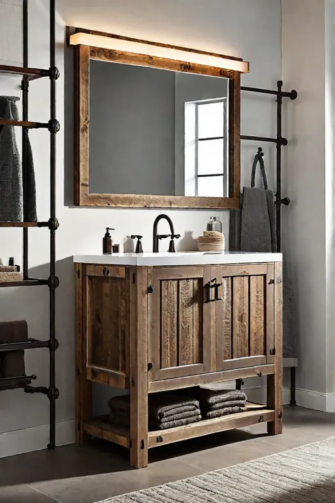 Rustic bathroom vanity with backlit mirror