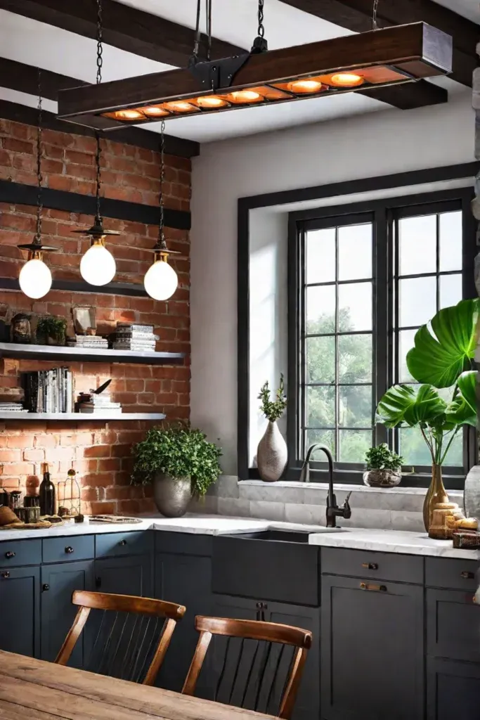 Rustic kitchen with solarpowered pendant lights and exposed beams